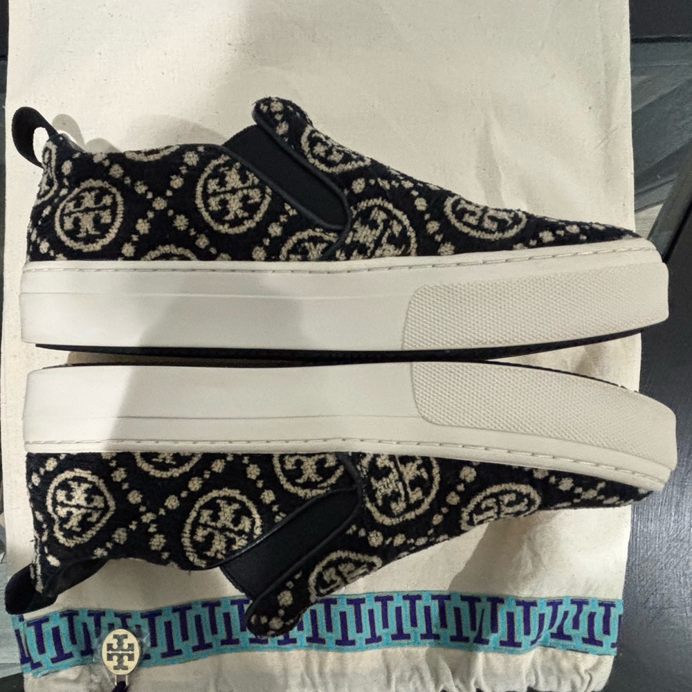 Tory Burch Black and Cream Slip-On Sneakers - Picture 2 of 13